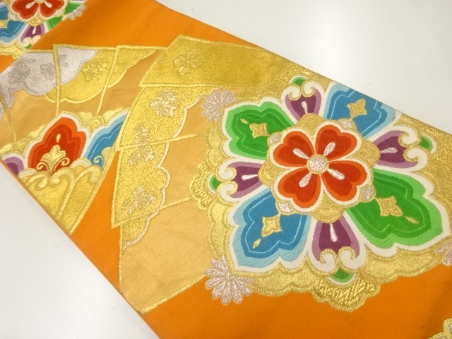 アンティーク　檜扇に華紋模様織出し袋帯（着用可）